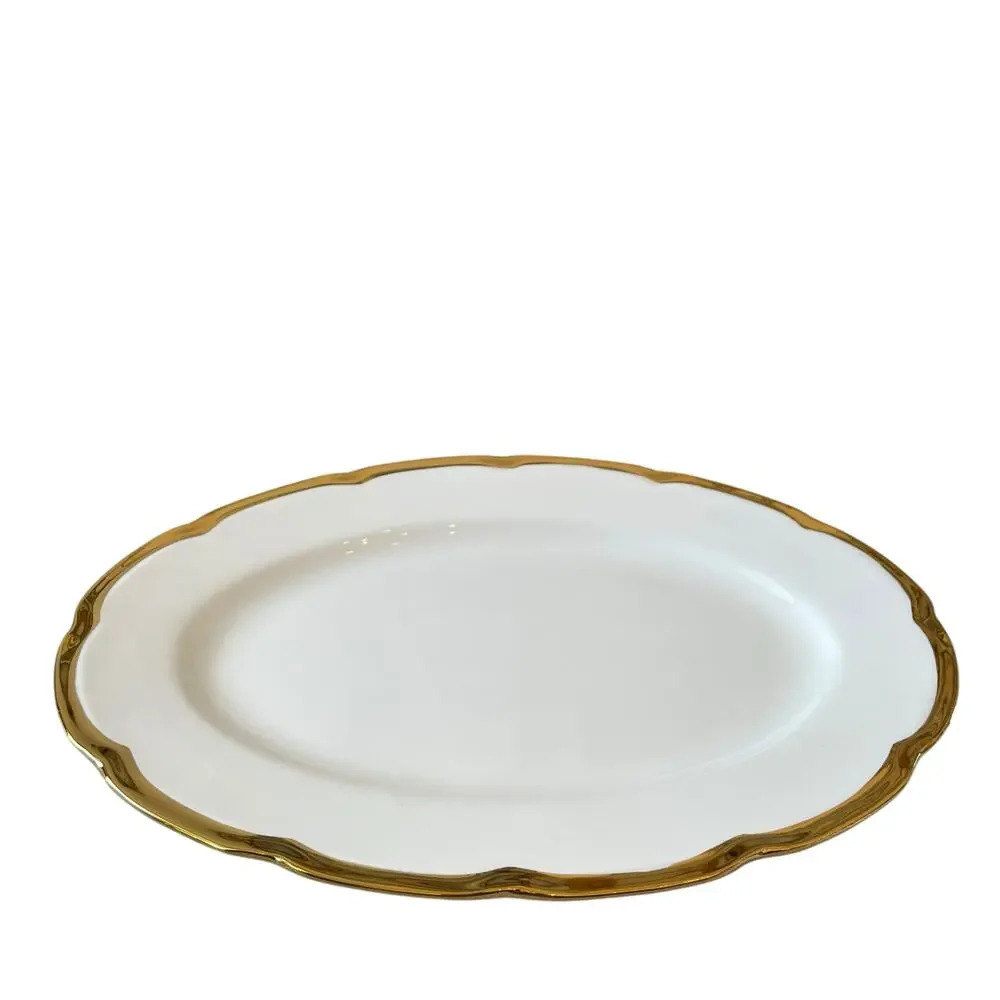 Yedi White Oval Serving Platter 14in Ceramic Gold Rim New